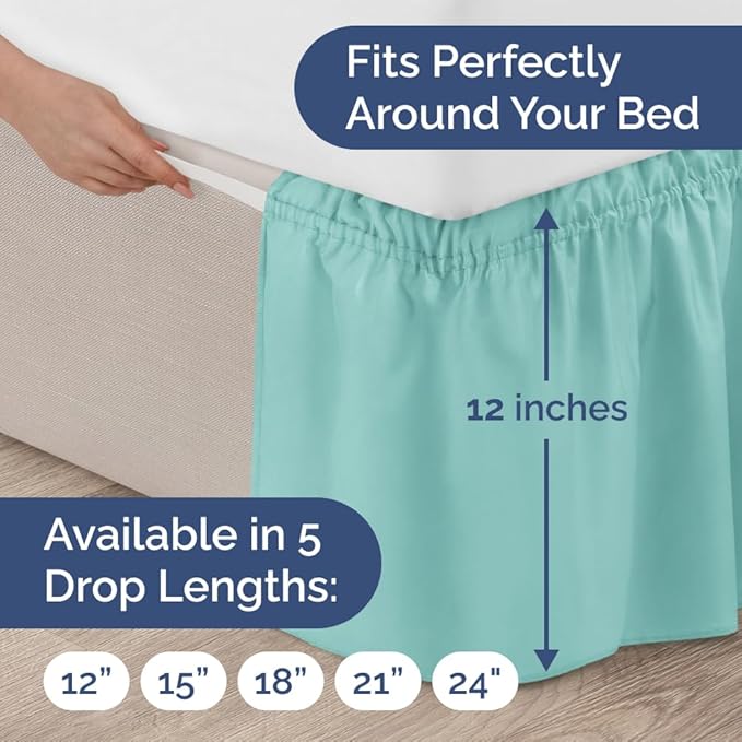 Wrap Around Dust Ruffle Bed Skirt - Spa Blue - for King Size Beds with 12 Inch Drop - Easy Fit Elastic Strap - Adjustable Pleated Bedskirt w/Brushed Fabric Wrinkle Free - for Women, Men, Kids & Teens