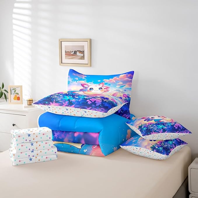 Feelyou Kids Cute Axolotl 7 Pieces Bedding Set Queen Size, Cartoon Animal Comforter Set with Sheets Boys Girls Kawaii Ocean Sealife Bed in A Bag Floral Teens Bed Set Bedroom Decor 7Pcs