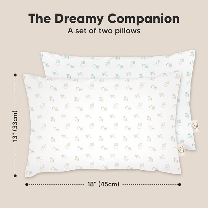 KeaBabies 2-Pack Toddler Pillows 2 Year Old to 5-13x18 Soft Organic Cotton Kids Pillow for Sleeping, Travel, School, Daycare, Nap, Toddler Bed, Machine Washable, Without Pillowcase (Excavator)