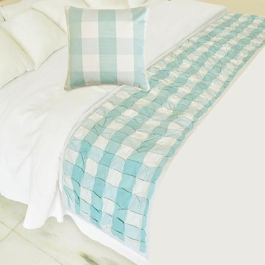 The HomeCentric King/Queen/Twin Aqua Decorative Bed Runner King 90"x18" Bed Runner with One Pillow Cover, Checkered, Buffalo Plaid, Check Bed Scarf on Cotton Fabric - Aqua Plaid Knots