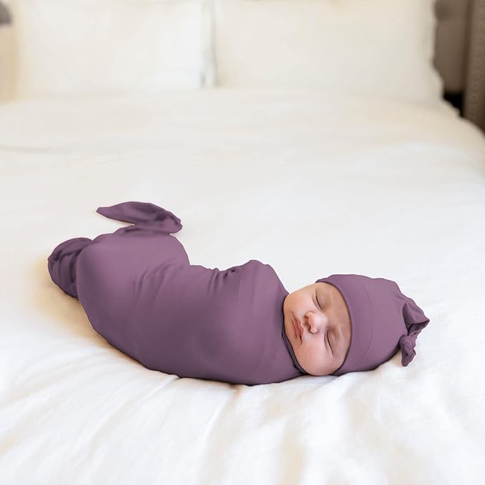 Large Jersey Knitted Swaddle Blanket for Baby, Soft Stretchy Receiving Blanket for Newborns with Hat, Baby Nursery Swaddle 47 x 47 inches(Mauve)