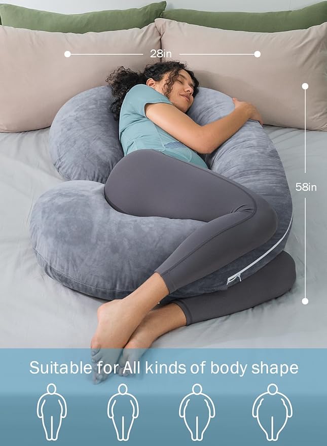 INSEN Pregnancy Pillow,Maternity Body Pillow with Velvet Cover,C Shaped Body Pillow for Sleeping (Grey)