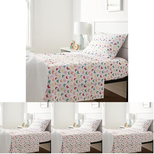 Amazon Basics Kid's Soft Easy-Wash Microfiber 3-Piece Sheet Set,Twin,Multi-Color Butterflies,Butterfly Friends,Printed,(Pack of 4)
