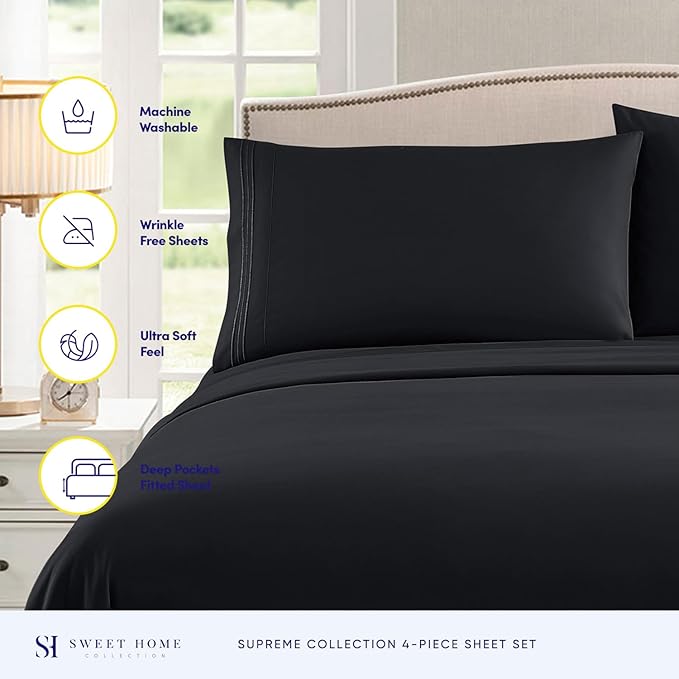 Twin XL Sheets - Breathable Luxury Sheets with Full Elastic & Secure Corner Straps Built In - 1800 Supreme Collection Extra Soft Deep Pocket Bedding Set, Sheet Set, Twin XL, Black