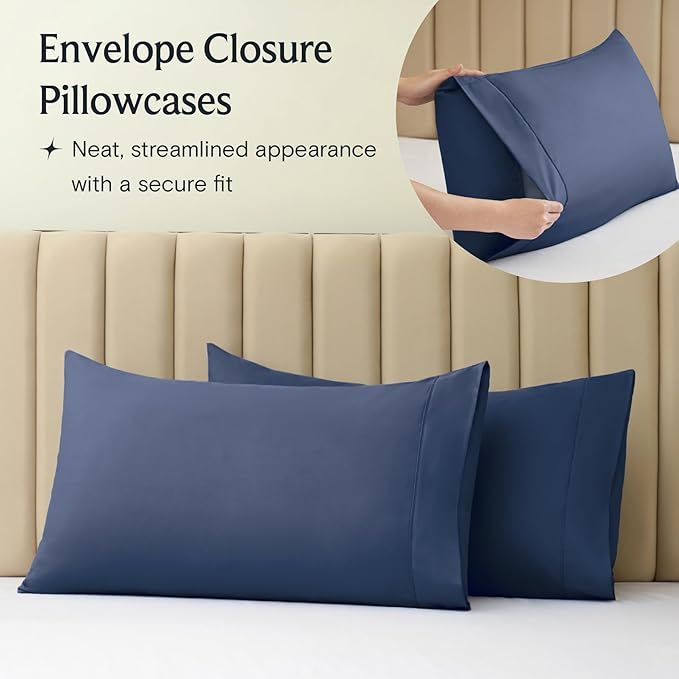 LuxClub 4 PC Queen Sheet Set, Breathable Luxury Bed Sheets, Deep Pockets 18" Wrinkle Free Cooling Sheets Machine Washable Hotel Bedding Silky Soft - Navy Queen