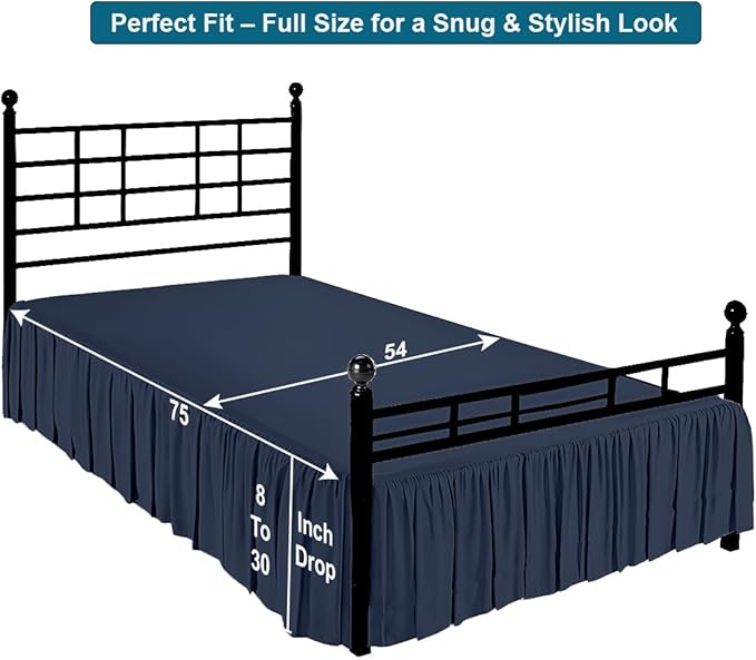 Shreem Linen Ruffled Bed Skirt with Split Corners, Gathered Style, 100% Microfiber, 30-Inch Drop, Dust Ruffle Bedskirt with Platform, Full, Navy Blue