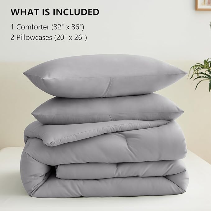 CozyLux Full Size Comforter Set Grey, 3 Pieces Solid Breathable Quilted Style Bedding Sets, Gray Luxury Fluffy Soft Bed Set with Down Alternative Comforter for All Season (1 Comforter & 2 Pillowcases)