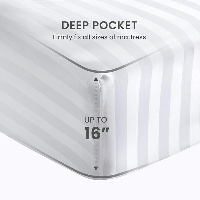 SLEEP ZONE Striped Cooling Sheets Set Full Size - Fitted Flat Sheet & Pillowcase Sets 4 Piece - Super Soft Stripe Bed Sheet, Easy Care, Deep Pocket (White, Full)