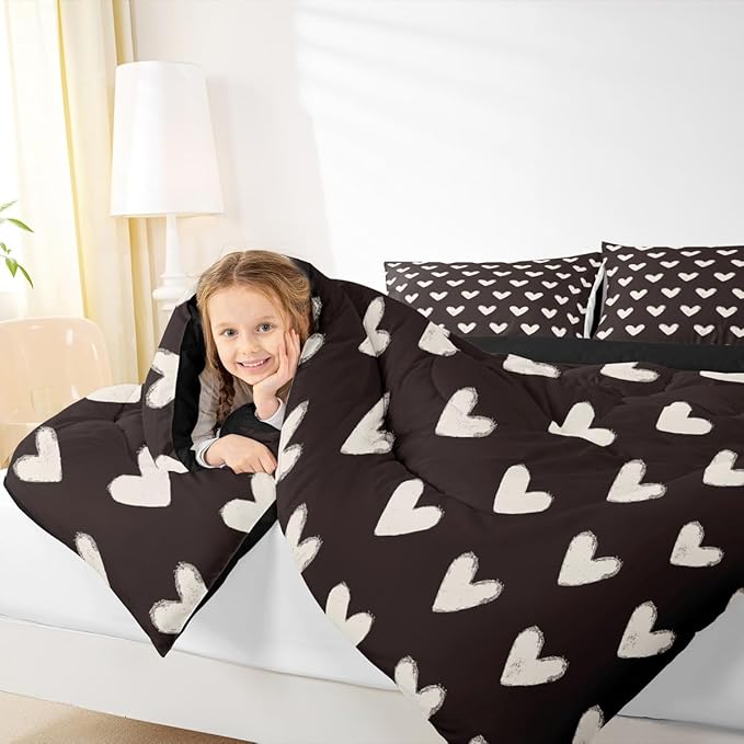 Erosebridal Love Comforter Set Queen Black and White Bedding for Kids Boys Girls Cute Heart Shaped Valentine Day Down Comforter Kawaii Cartoon Love Heart Geometric Duvet Insert Soft Warm Quilt 3Pcs