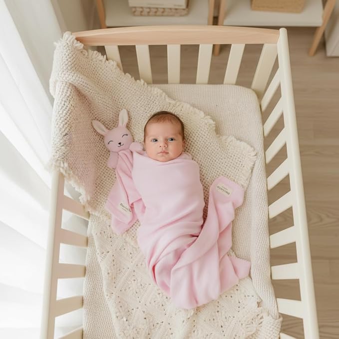 Baby Gift Set - Organic Cotton Newborn Blanket Essentials, Thoughtful Baby Shower & New Baby Gift for Boys & Girls (Lovey - Bunny - Pink)