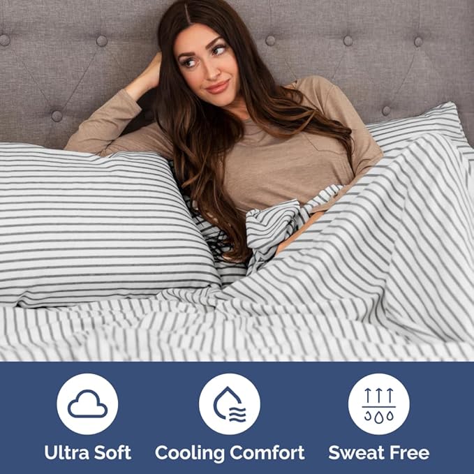 Short Queen RV Size 4 Piece Sheet Set - Comfy Breathable & Cooling Bed Sheets Set - Hotel Luxury Bedding for Women, Men, Kids, Teens, Boys & Girls - Deep Pockets, Ultra-Soft, Oeko-Tex - Grey Stripes