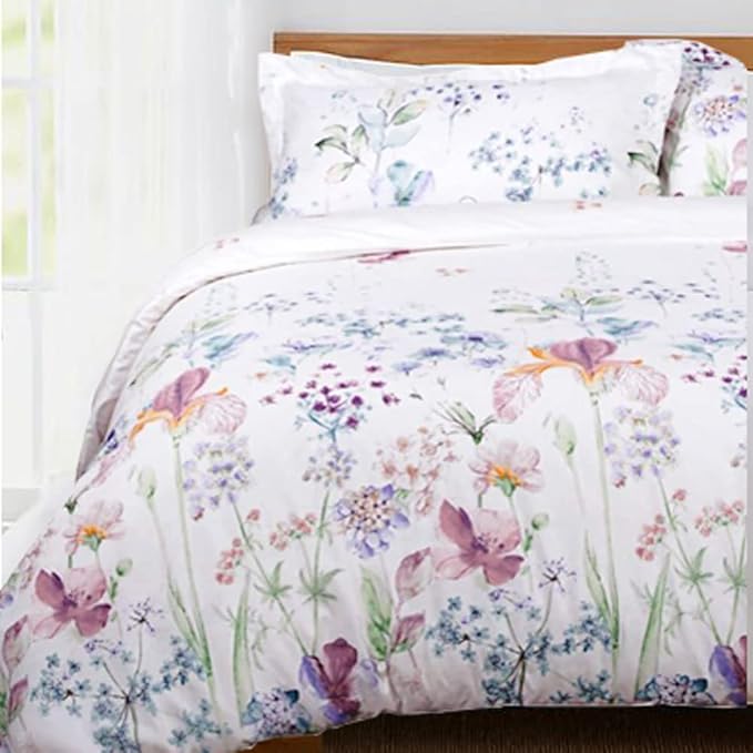 Nanko Queen Duvet Cover Set, White Purple Blue Floral & Green Leaf Print Pattern 3 Piece - Microfiber Bedding Comforter Quilt Cover Zip Closure, Tie - Modern Style for Men and Women, 90X90 inch FLower