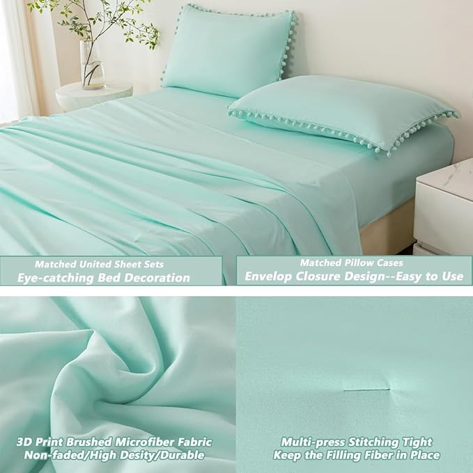 PERFEMET Mint Green Comforter Twin Size 5 Piece Bed in A Bag Set Boho Pom Pom Girls Bedding Comforter Set Soft Fluffy Kids Solid Bed Set with Sheet(Mint Green, Twin)