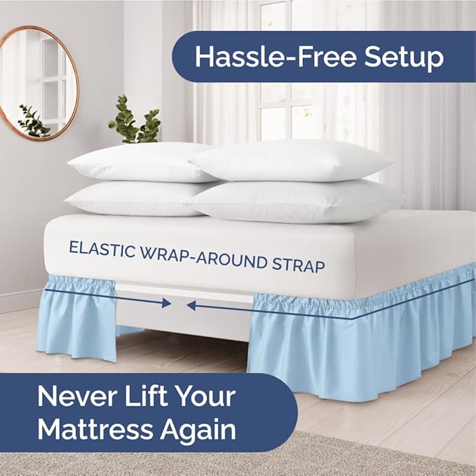 Wrap Around Dust Ruffle Bed Skirt - Light Blue - Twin/Twin XL Size Beds with 21 Inch Drop - Elastic Strap - Adjustable Pleated Bedskirt with Brushed Fabric and Wrinkle Free - Women, Men, Kids & Teens