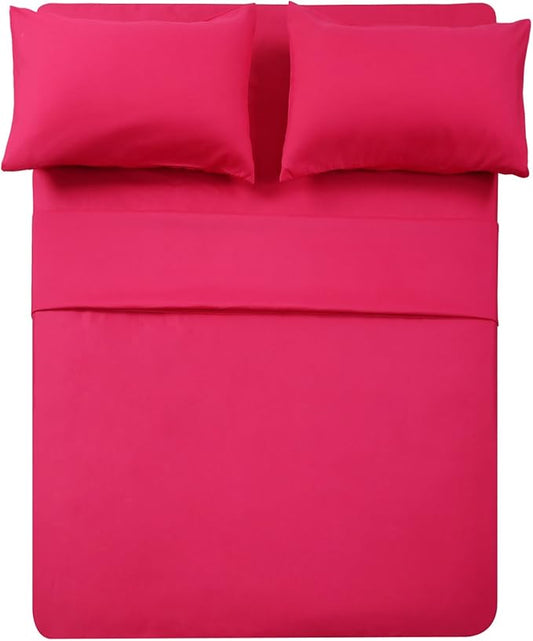 Twin XL Sheets Set 4 Piece Cooling Bed Sheets- Hotel Luxury 1800 Bedding Sheets & Pillowcases - 1 Flat Sheet,1 Fitted Sheet and 2 Pillow Cases - Extra Soft , Deep Pocket up to 16" (Hot Pink)