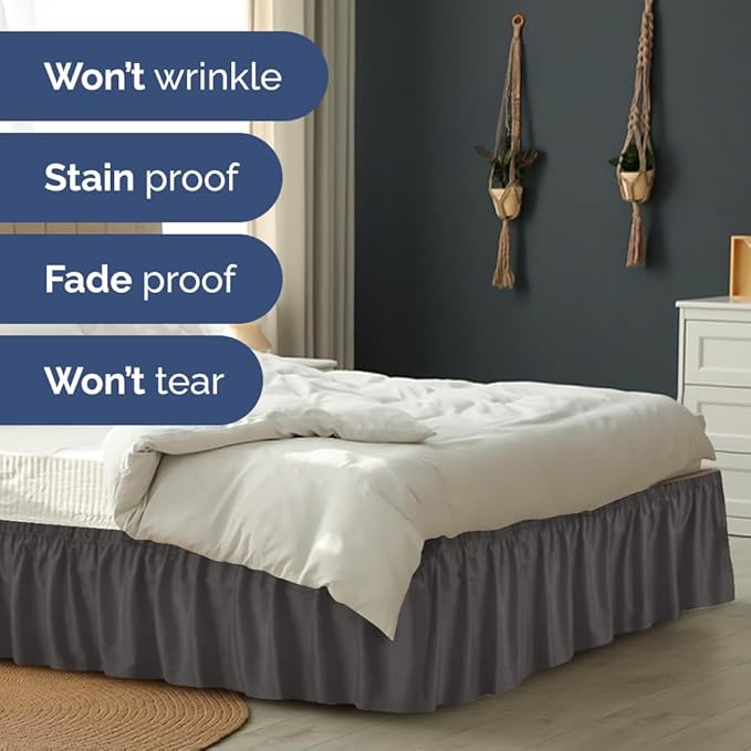 Wrap Around Dust Ruffle Bed Skirt - Charcoal - for King Size Beds w/ 15 Inch Drop - Easy Fit Elastic Strap - Adjustable Pleated Bedskirt w/Brushed Fabric - Wrinkle Free - for Women, Men, Kids & Teens
