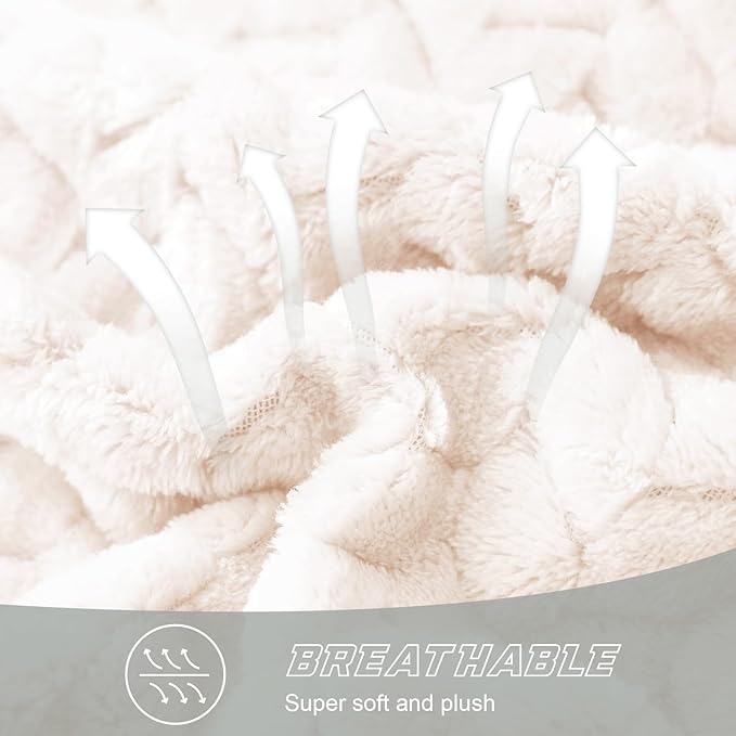 Exclusivo Mezcla Fleece Queen Size Blanket for Bed, 90x90 Inches Soft Cozy Jacquard Flannel Blankets, Lightweight Fuzzy Plush Warm for Women, Off White