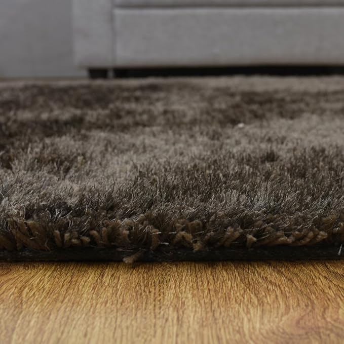 Hand Tufted SHAG Polyester ECO-Friendly Area Rugs - 3'11''x5'7'', Rectangle, Dark Brown Beige, Solid Plain Design, High Pile Thick Handmade Anti Skid Rugs for Living Room K00111