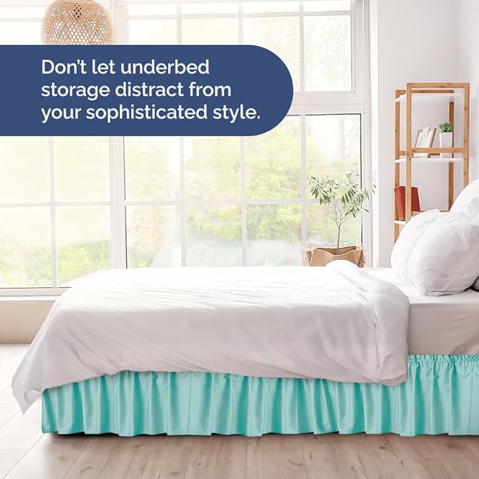 Wrap Around Dust Ruffle Bed Skirt - Spa Blue - for King Size Beds with 21 Inch Drop - Easy Fit Elastic Strap - Adjustable Pleated Bedskirt w/Brushed Fabric Wrinkle Free - for Women, Men, Kids & Teens