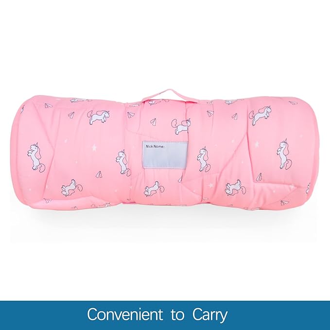 Toddler Nap Mat with Blanket 50" x 21" x 1.5", Nap Mat for Boys Girls Super Soft and Cozy, Kids Sleeping Bag for Preschool, Daycare, Toddler Sleeping Bag, Pink Horse