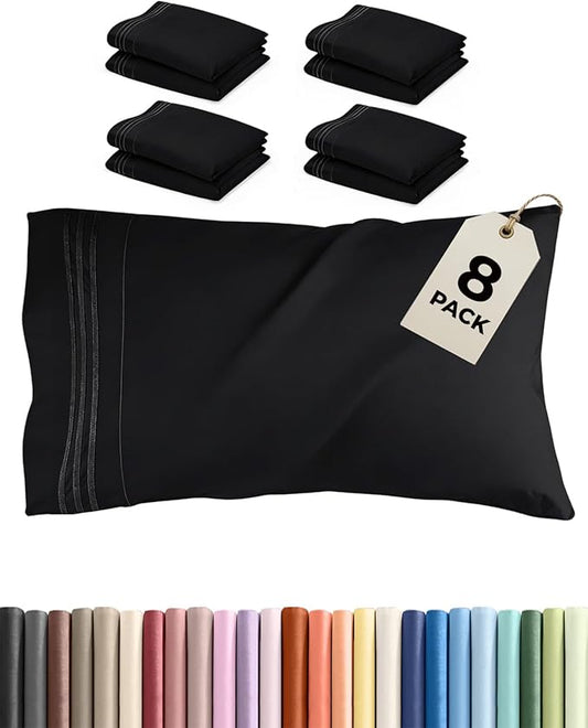 Queen Pillow Cases Set of 8 - Ultra Soft Hotel Quality Pillowcase Covers - Comfy & Wrinkle Free - Shrink, Stain and Fade Resistant - Easy-Care, Machine Washable Pillow Protectors - 8 Piece Set - Black