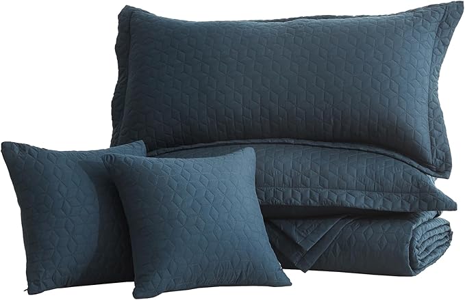 Oversized King Bedspread 128x120 Extra Wide, Modern & Contemporary Look, Lightweight Bedding Cover, Reversible, 5 Piece, 100% Microfiber, Navy Blue