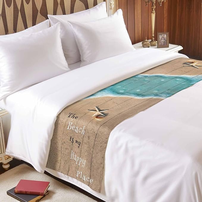 Coastal Ocean Starfish and Shell Sand Bed Runners for Bedroom Hotel,Decorative Bedding Scarf The Beach is My Happy Place Bed End Blanket Bedding Runner Scarves for Twin Size Bed,71x20in
