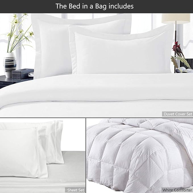 8 Pieces 100% Cotton Solid White King Goose Down Bed in a Bag Set Including 600TC Sheet Set + 600TC Duvet Cover Set+ All Season Striped Goose Down Comforter 600 Fill Power