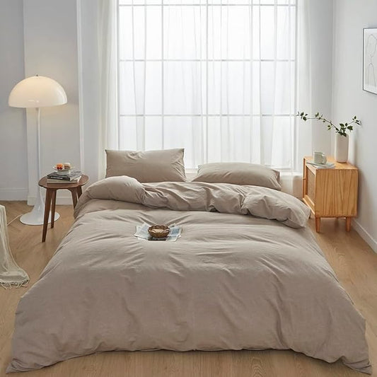 FACE TWO FACE Bedding Duvet Cover Set100% Washed Cotton Duvet Cover Linen Like Textured Breathable Durable Soft Comfy (King, Khaki)
