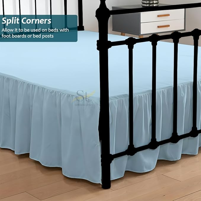 Shreem Linen Ruffled Bed Skirt with Split Corners, Gathered Style, 100% Microfiber, 16-Inch Drop, Dust Ruffle Bedskirt with Platform, Twin-XL, Light Blue