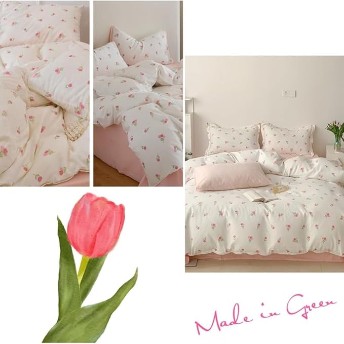 Nayoroom Pink Floral Duvet Cover Twin Size Cute Tulip Printed on White Comforter Cover 2Pcs Kids Girls Kawaii Cottagecore Bedding Set with Zipper Closure Soft Breathable Microfiber