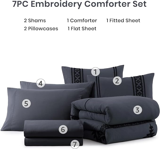 MaiRêve Embroidery Full Size Comforter Set Crown Blue, Farmhouse Western Boho Bedding Set 7 Pieces, All Season Bed in A Bag Comforter Set with Sheets, Pillowcases & Shams