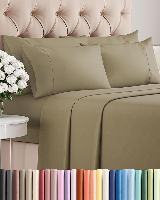 King 6 Piece Sheet Set - Comfy Breathable & Cooling - Ultra Soft Hotel Luxury Bedding Set with 8-16 Inch Deep Pockets - 1 Flat & 1 Fitted Sheet & 4 Pillowcases - Cozy, Wrinkle Free & Easy Care - Khaki