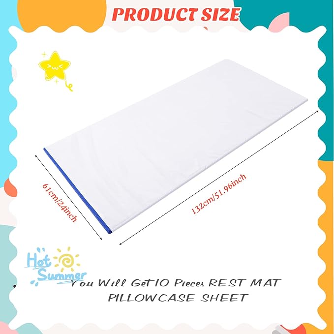 Lounsweer 10 Pcs Daycare Nap Mat Sheet 24 x 52 Day Care Rest Mat Cover Fitted Polyester Baby Pillowcase Style Sheets for Boy Girl Classroom Nursery Kindergarten Kid Sleeping, White