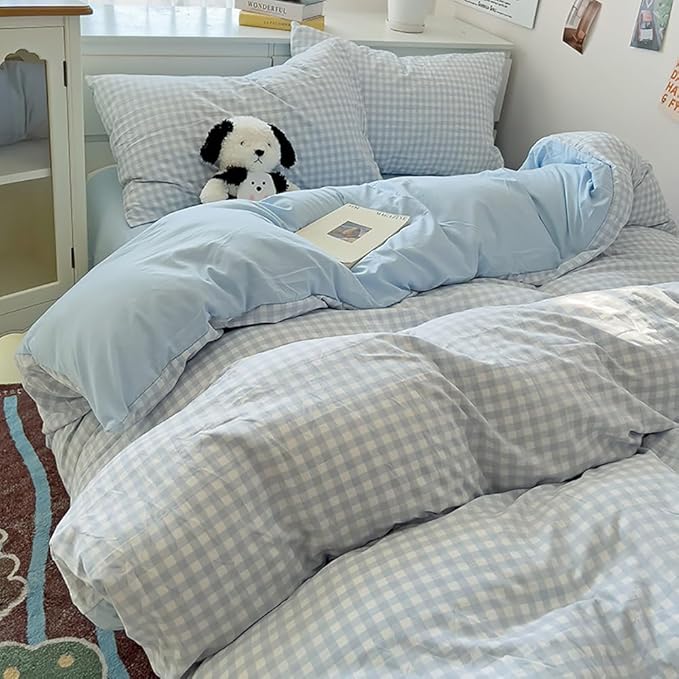 Nayoroom Gingham Duvet Cover Twin Size Reversible Blue Plaid Checkered Duvet Cover 2 Pieces Soft Breathable Washed Microfiber Girls Dorm Bedding Set for All Seasons