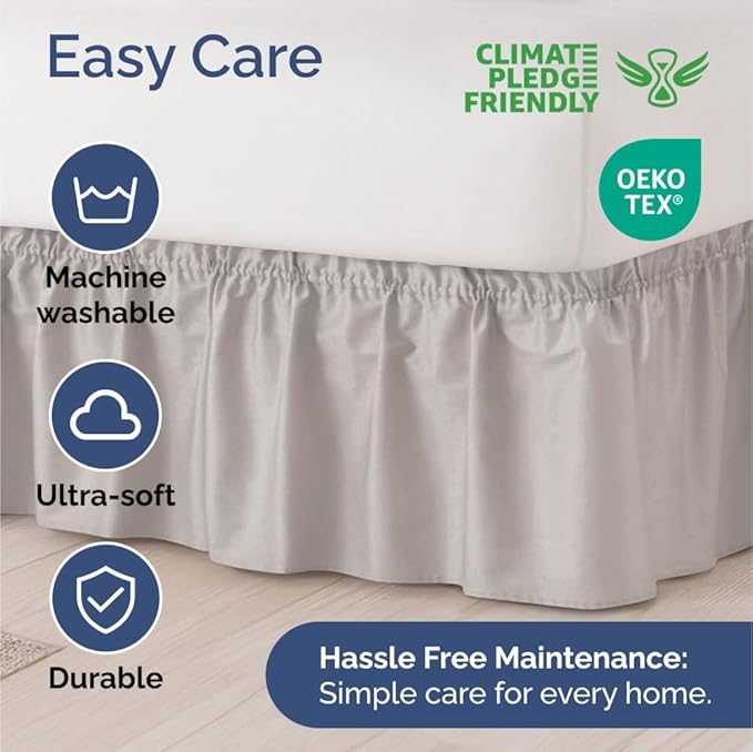 Wrap Around Dust Ruffle Bed Skirt - Light Grey - Twin/Twin XL Size Beds with 24 Inch Drop - Elastic Strap - Adjustable Pleated Bedskirt with Brushed Fabric and Wrinkle Free - Women, Men, Kids & Teens