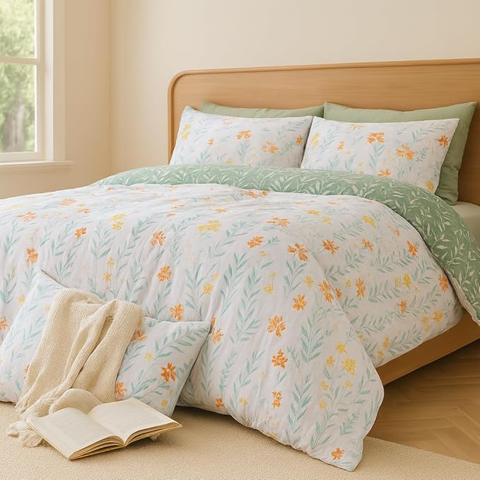 Botanical Floral Duvet Cover Set Full Bedding Comforter Cover Reversible Quilt Bedding Set Soft Microfiber Bedspread Modern Farmhouse 3Pcs Cottage Style Luxury Bedding Cozy Bedroom Essentials