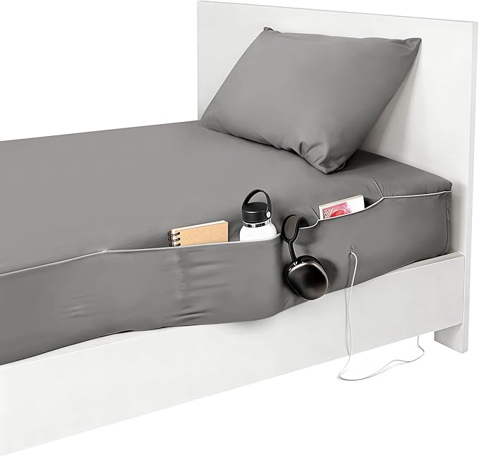 NEST and NOOKS Twin XL Fitted Sheet with Full-Length Storage Pocket | 400 Thread Count | College Dorm Bedding with Side Organizer Panel & Matching Pillowcase | Fits 39" x 80"x13" Mattress | Beige Gray