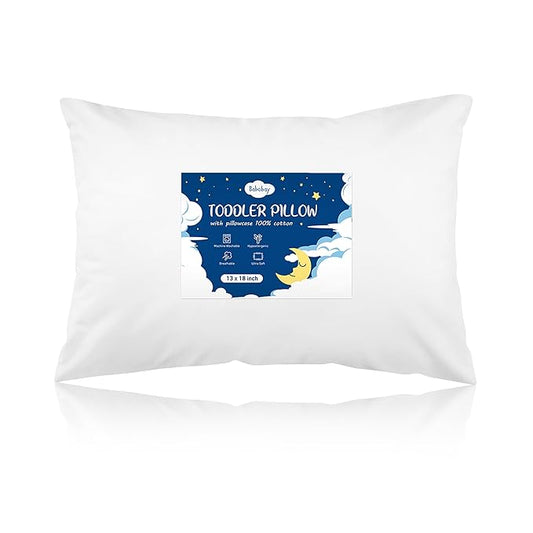 Babebay Toddler Pillow,13X18 Soft Toddler Pillows for Sleeping, Machine Washable Kids Pillow with Cotton Pillowcase, Perfect for Travel (White)