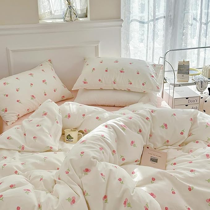 Nayoroom Pink Floral Duvet Cover Queen Size Cute Tulip Printed on White Comforter Cover 3Pcs Kids Girls Kawaii Cottagecore Bedding Set with Zipper Closure Soft Breathable Microfiber