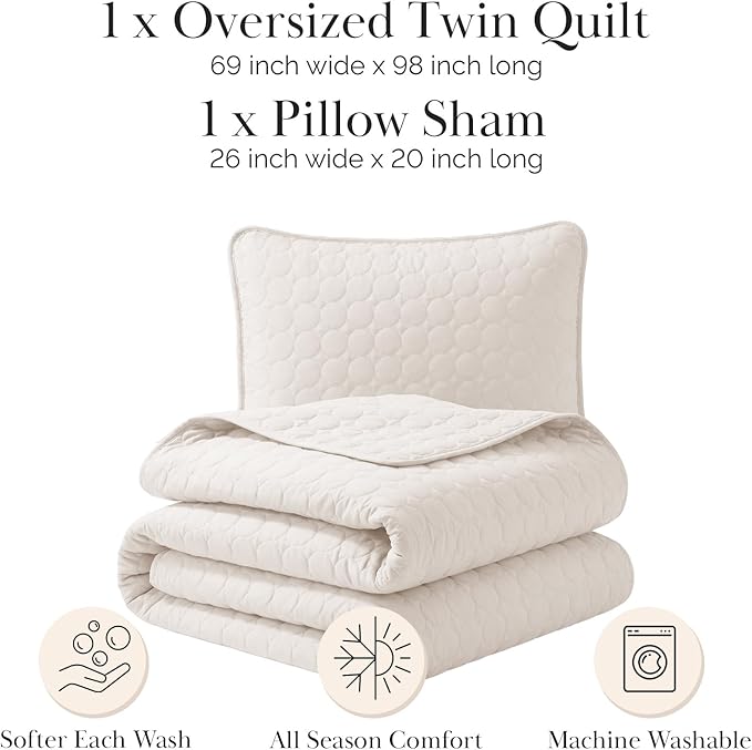 Southshore Fine Living, Inc. Dorm Comforter, Twin/XL Quilt Bedding Set, College Dorm Room Bedding Essentials, Stain Resistant, Machine Washable, XL/Twin Quilt Bed Spread with Pillow Sham, Bone Color