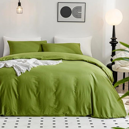 JELLYMONI Christams Duvet Cover Queen Size - 100% Washed Cotton Linen Like Textured Comforter Cover, 3 Pieces Breathable Soft Bedding Set with Zipper Closure (Avocado Green, Queen 90"x90")