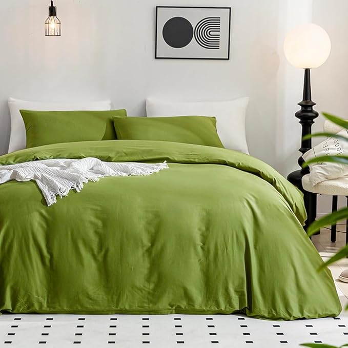 JELLYMONI Christams Duvet Cover California King - 100% Washed Cotton Linen Like Textured Comforter Cover, 3 Pieces Soft Cooling Bedding Set with Zipper Closure (Avocado Green, Calking 104"x98")
