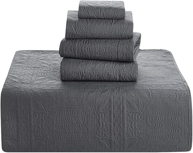 Hearth & Harbor Quilts Queen Size - All Season Bedspread Coverlet Set, Pinsonic Weave Lightweight Bedding Set - 5 Piece Queen Quilt Set with Pillow Shams, Grid - Gray