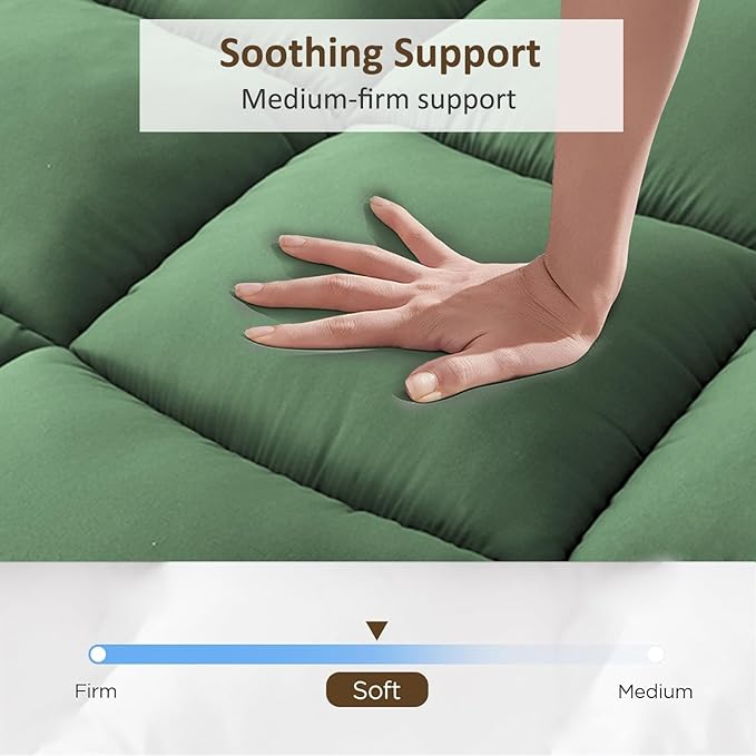 Thick Mattress Topper Full Size - Non-Slip Mattress Pad Cover for Back Pain Breathable Folding Sleeping Pad Machine Washable Mattress Protector (54x75 inch,Green)