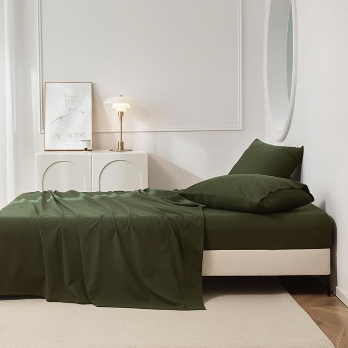 JIYUAN 100% Washed Cotton Sheet Set 4 Pieces Full,1 Fitted Sheet,1 Flat Sheet and 2 Pillowcases,Comfy and Breathable Linen Like Bedding Set,Olive Green