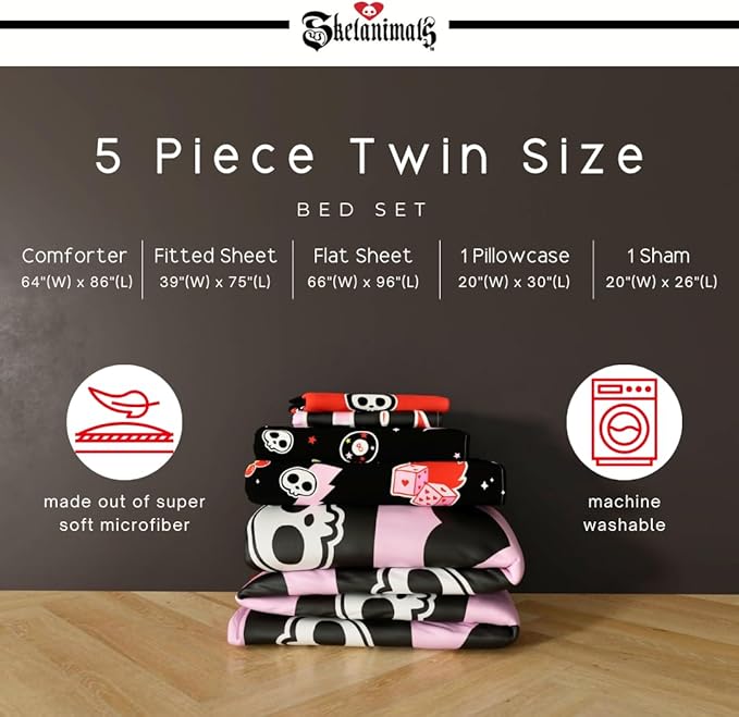 Skelanimals Bedding 5 Piece Twin Bed Set, Soft Checkered Comforter and Sheet Set with Sham, Kit The Cat, (Officially Licensed Product) by Franco Collectibles