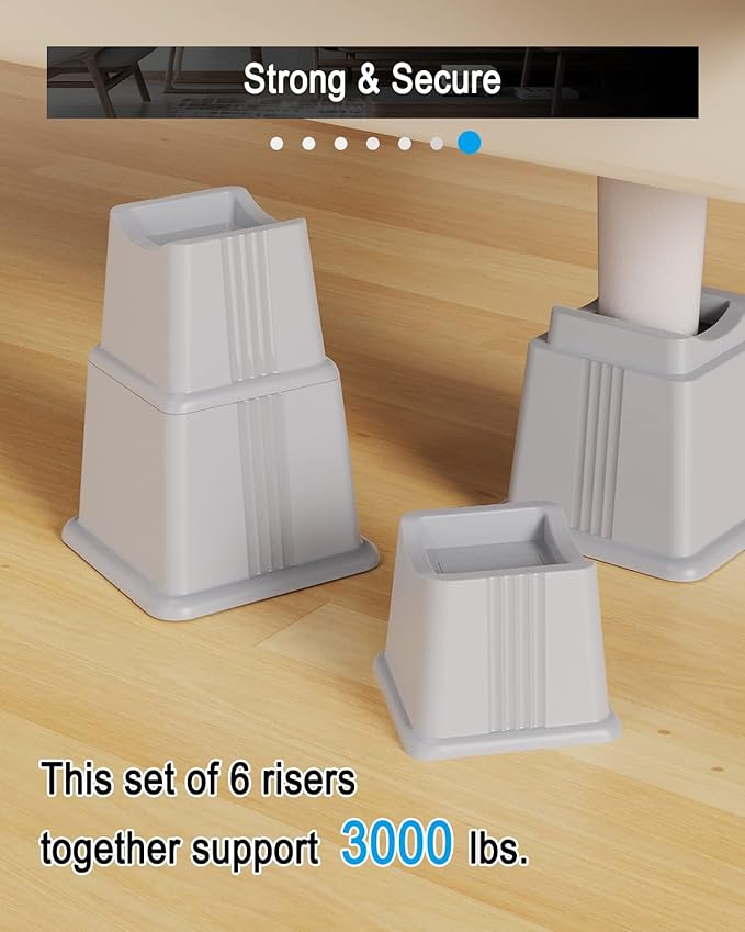 ZTON Adjustable Bed Furniture Risers Elevation in Heights 3", 5" or 8" Heavy Duty Risers for Both Posts and Wheels of Furniture Sofa Bed Couch Chair Table,Support up to 3000 lbs. (12 Pack, Grey)