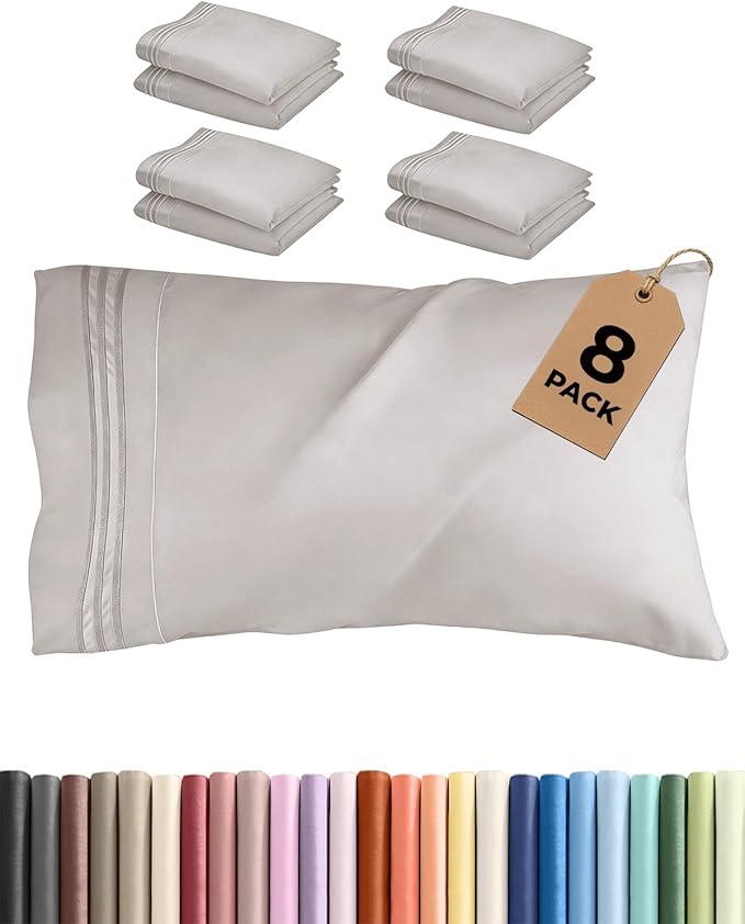 Queen Pillow Cases Set of 8 - Ultra Soft Hotel Quality Pillowcase Covers - Comfy, Cozy & Wrinkle Free - Shrink, Stain & Fade Resistant - Machine Washable Pillow Protectors - 8 Piece Set - Light Grey