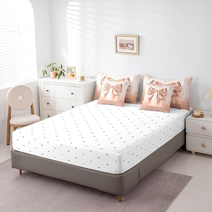 Feelyou Kids Cute Bowknot Comforter Set with Sheets King Size, Dreamy Princess 7 Pieces Bedding Set Boys Girls Glitter Bed in A Bag Watercolor Bow Teens Bed Set Bedroom Decor 7Pcs